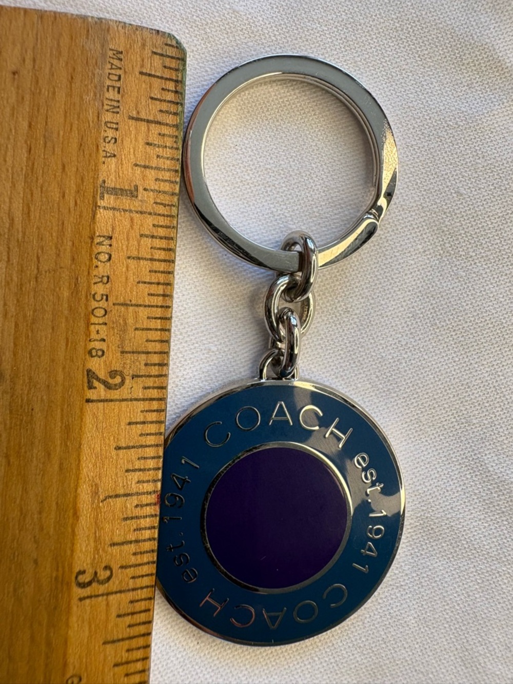Coach Silver Metal Key Ring with Blue and Purple Enamel Accent